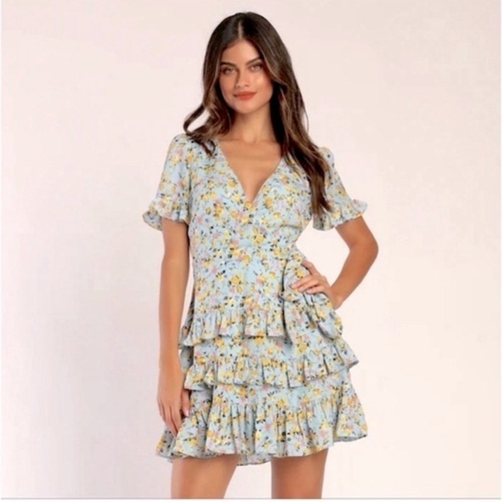 Lulu’s Feeling Butterflies Blue floral Tiered Ruffle Faux Wrap Mini Dress